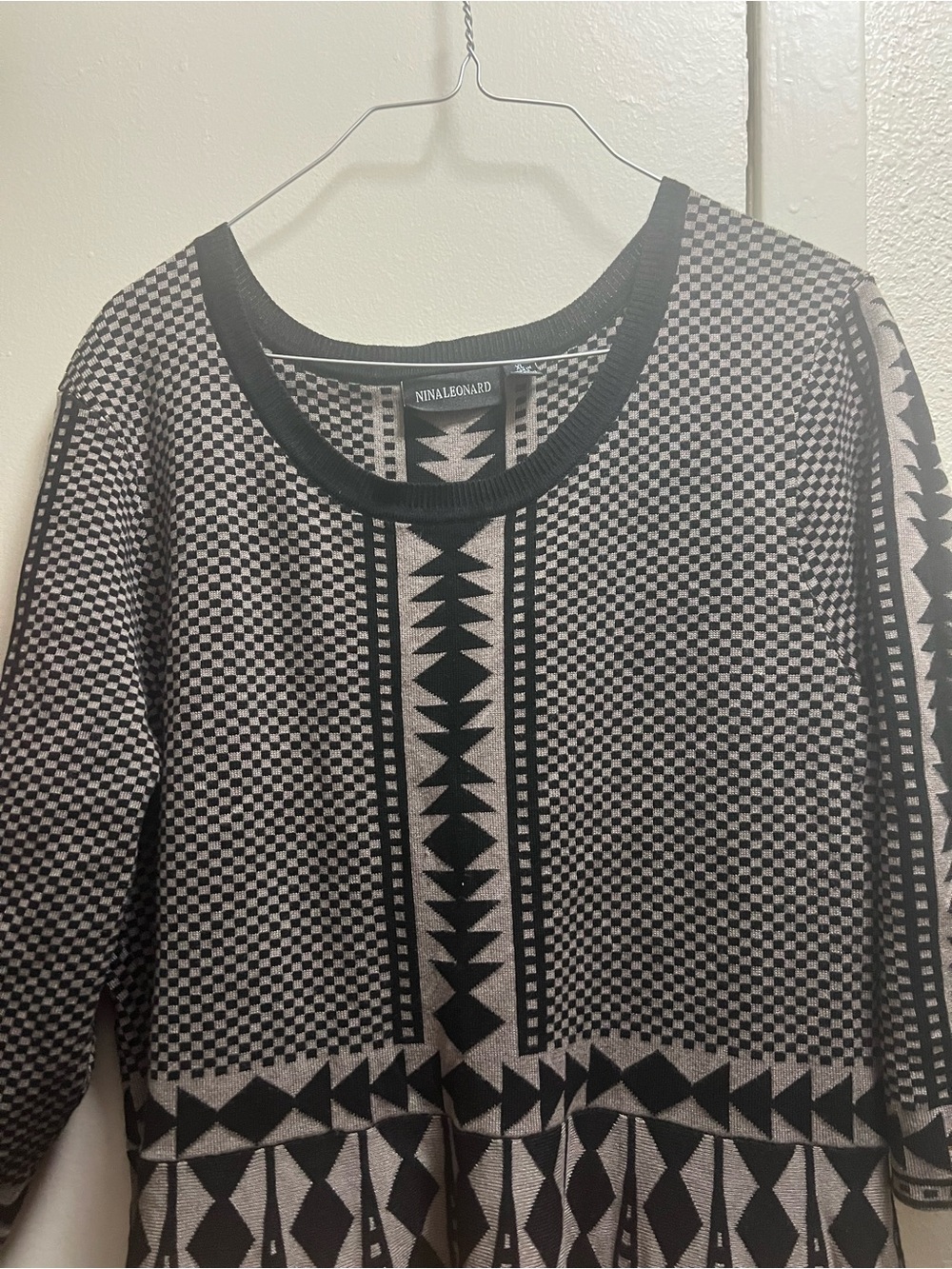 Nina Leonard Black and Cream Geometric Crew Neck Sweater Dress